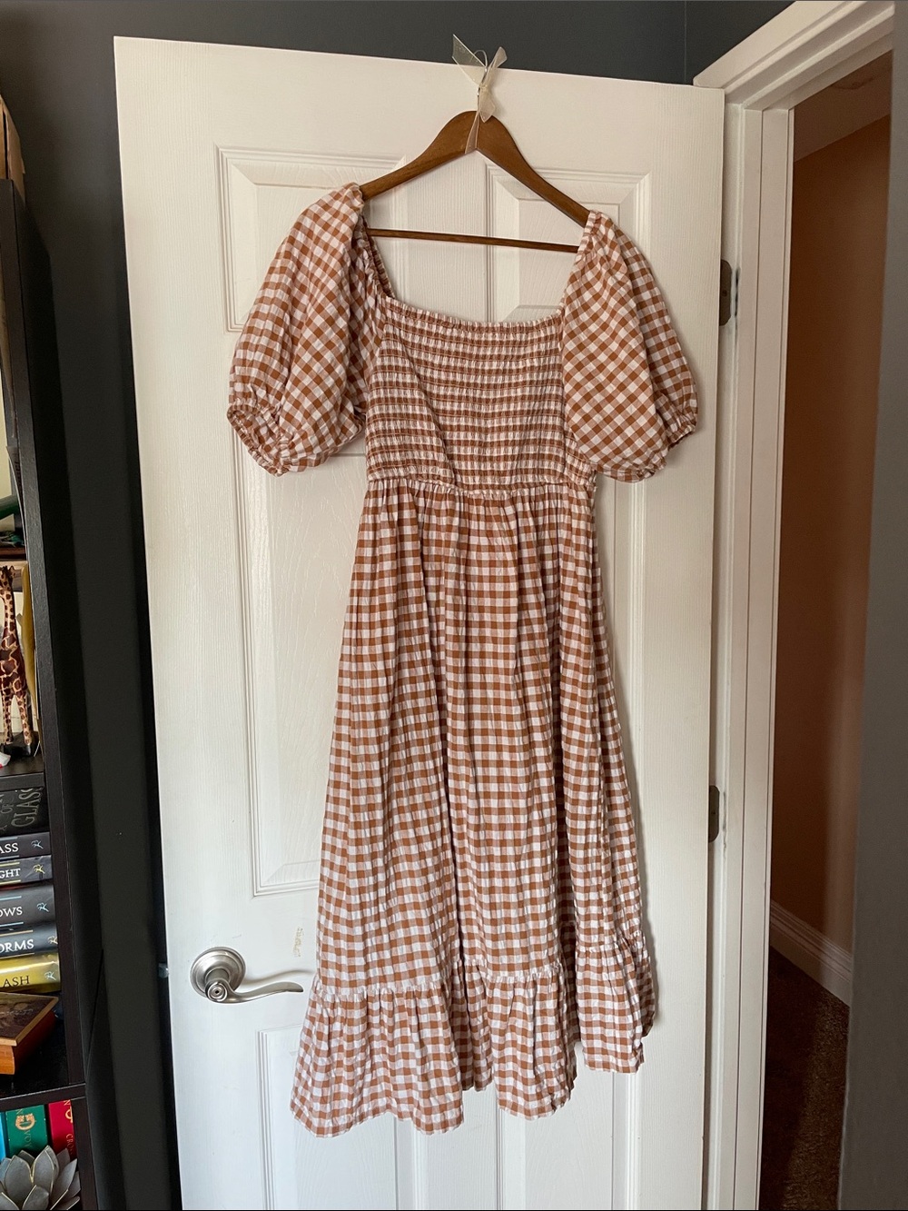 ASOS Smocked Gingham Puff-Sleeve Midi Dress in Brown/White